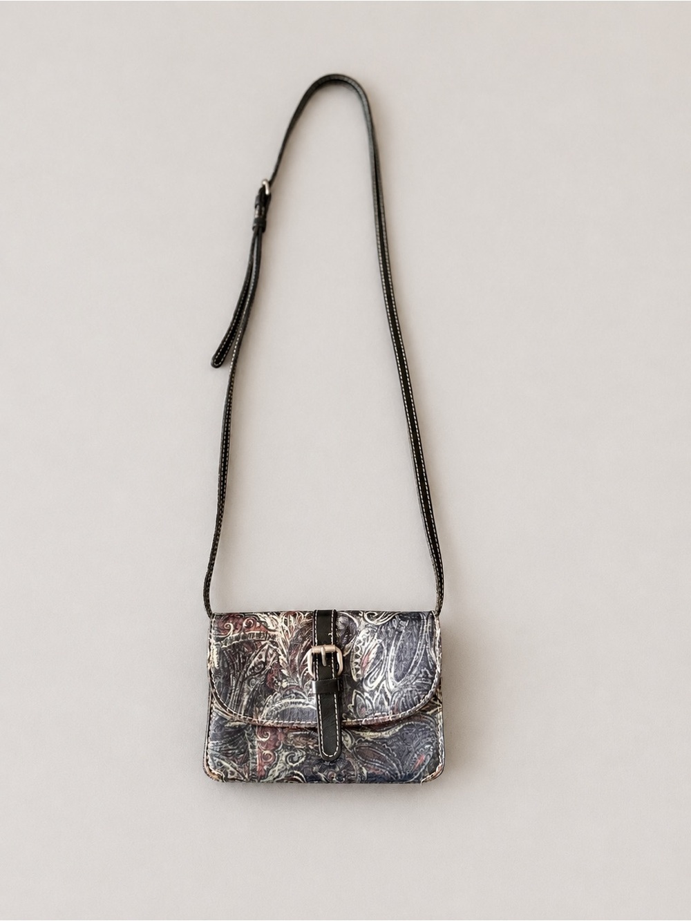 Patricia Nash Black Paisley Leather Crossbody with Buckle Accent